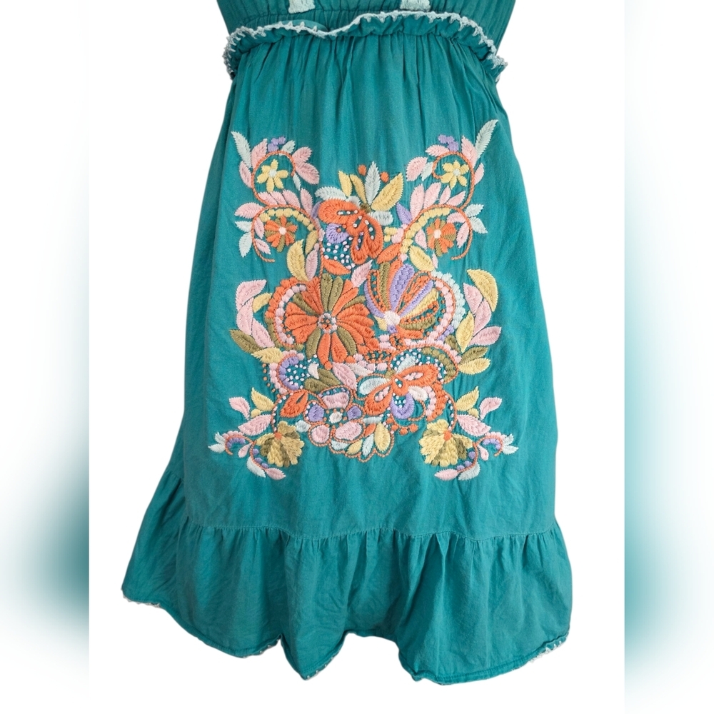 Miss Me Strapless Embroidered Lined Mini Dress Teal Cotton Small Boho Festival - Picture 4 of 9
